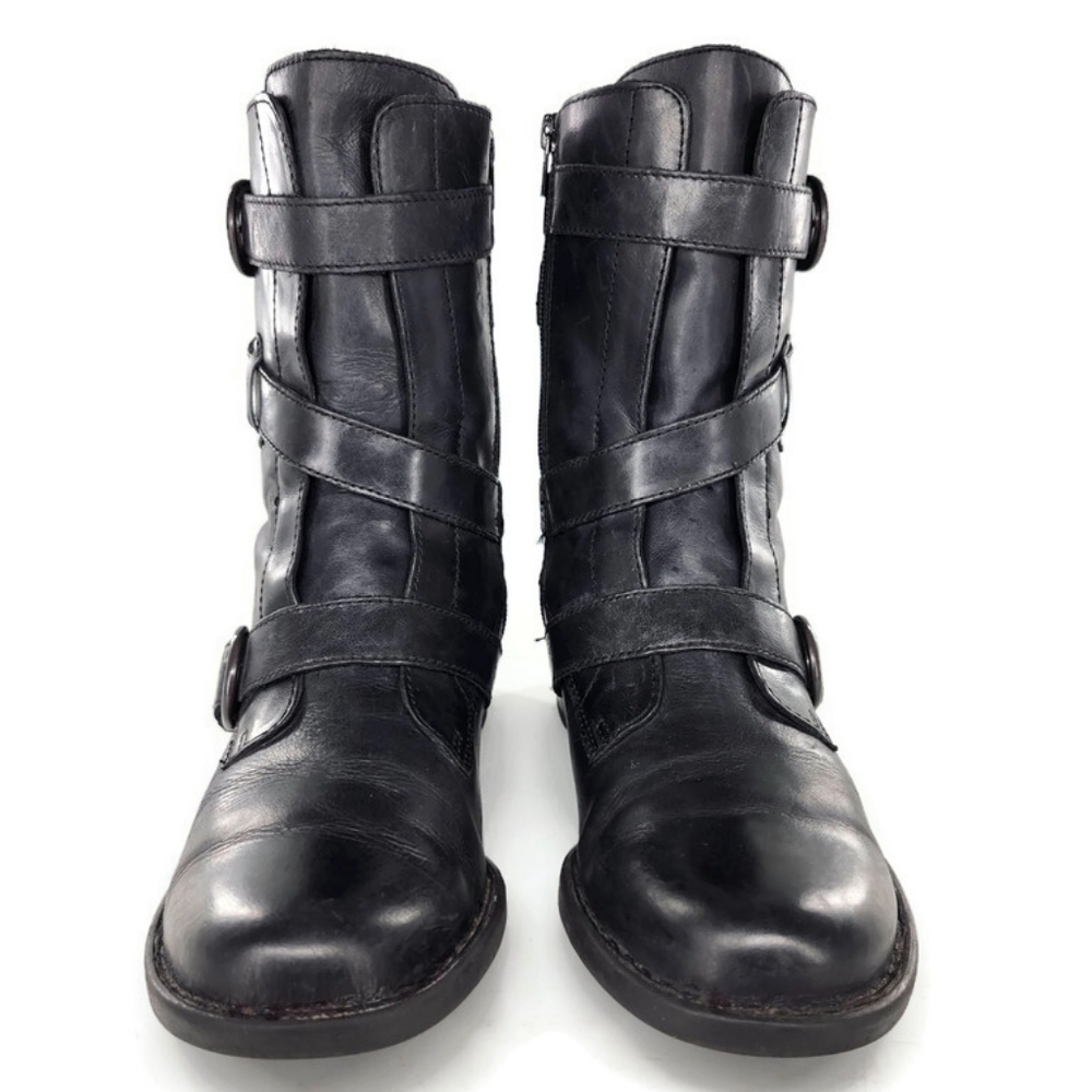 Born Alamid Black Leather Straps & Buckles Calf-High Lug Sole Moto Style Boots - Picture 3 of 12